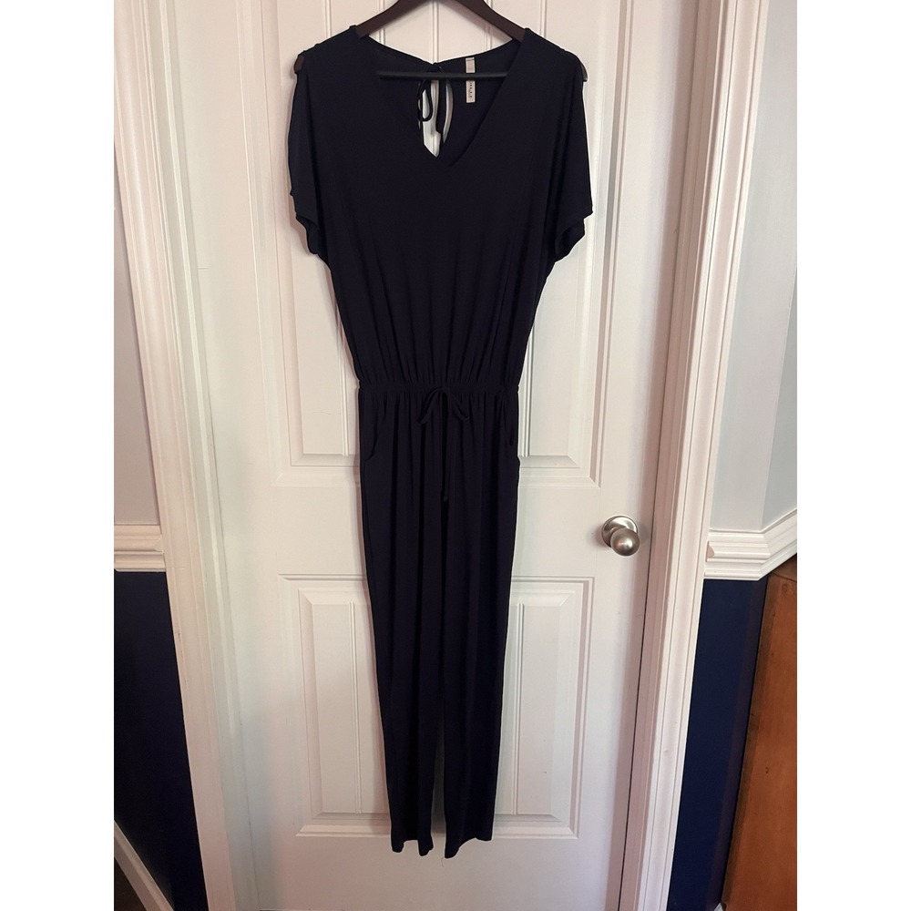 Women's NAVY V-Neck Jumpsuit with Drawstring Waist